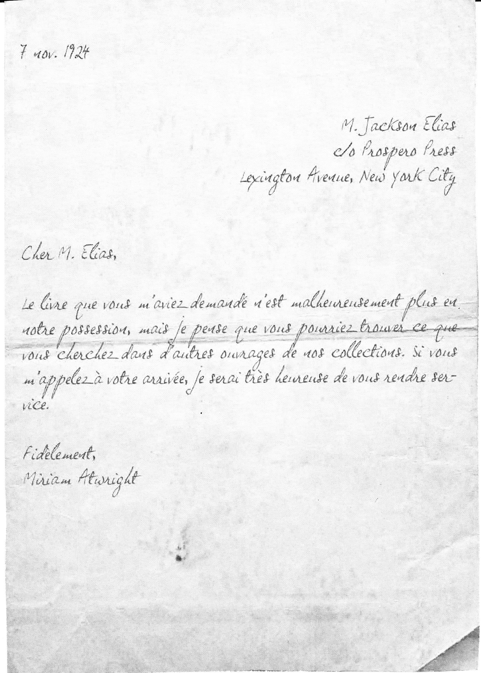 Lettre de Miriam Atwright concernant un livre