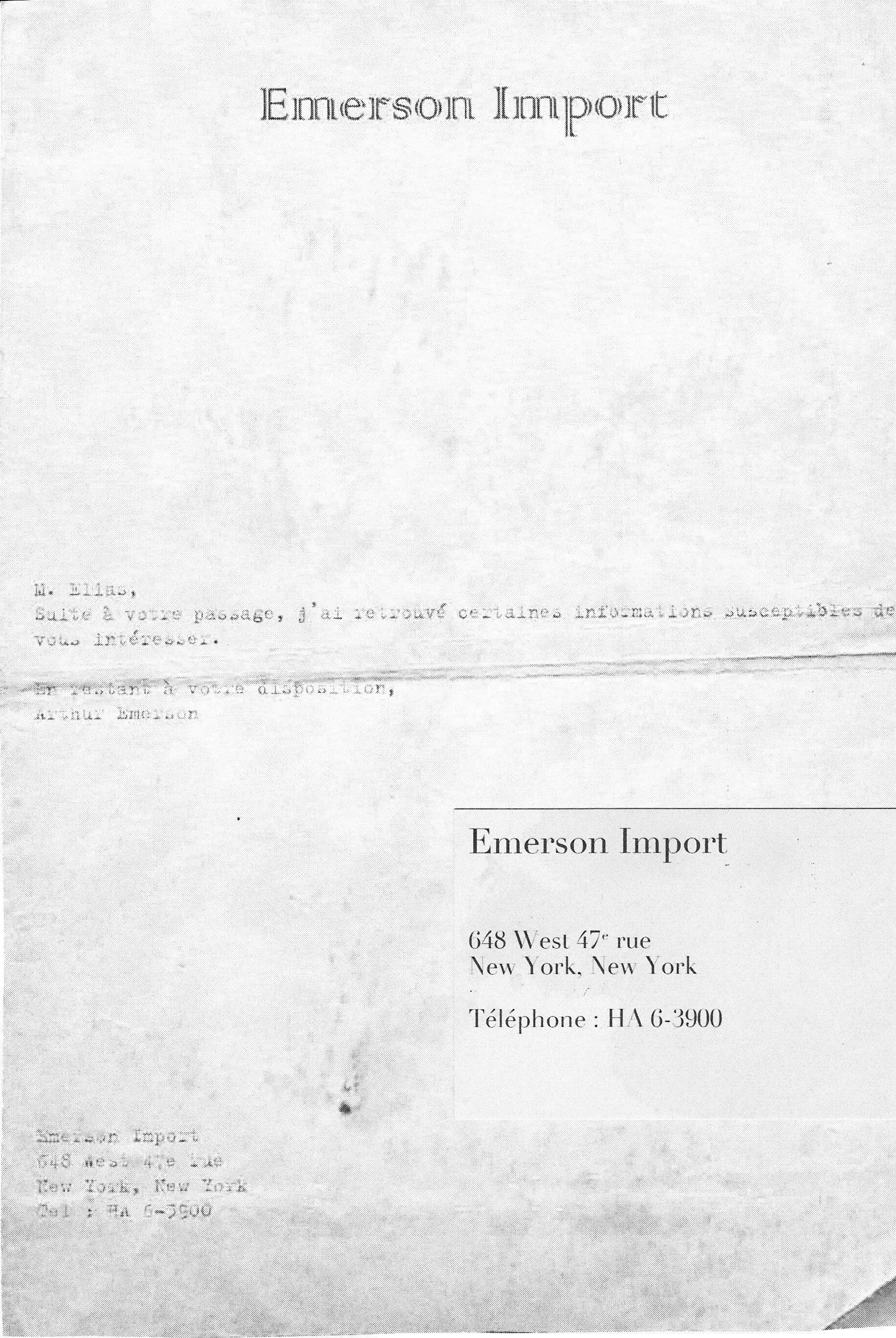 lettre d'Arthur Emerson d'Emerson Import NY  : informations à révéler