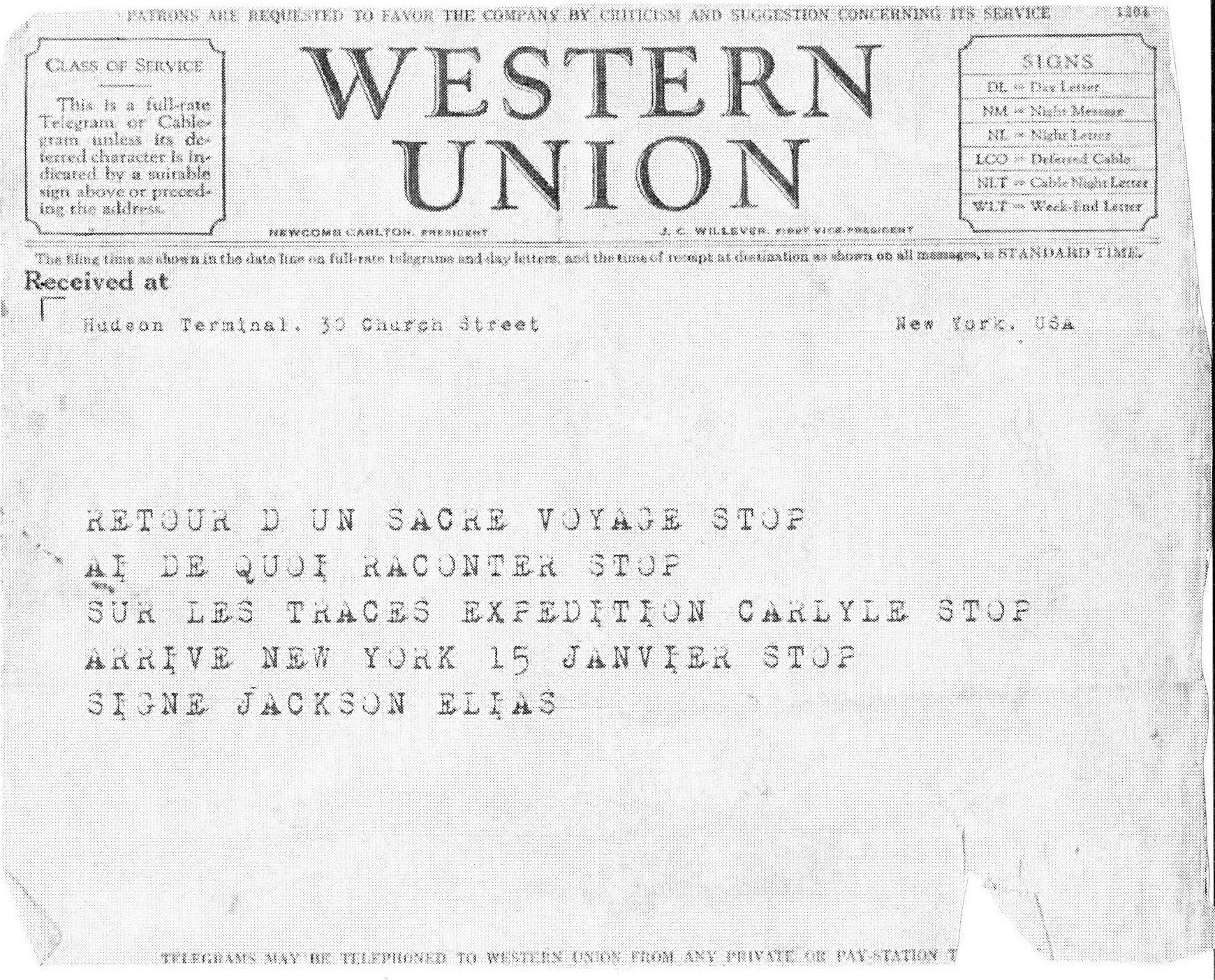 Le télex reçu par Eva Parker